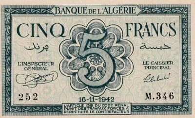 Billet Algerien 5 francs 1942