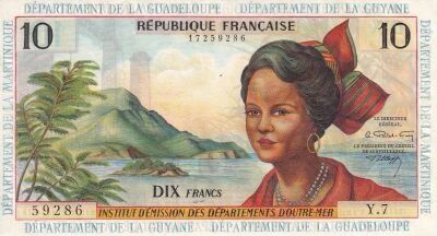 Billet Antillas Francesas 10 francs 1964