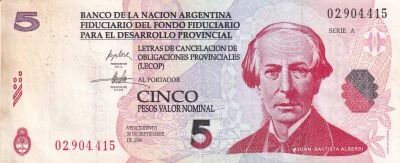Billet Argentina 5 pesos Juan Bautista Alberdi, �crivain et homme politique 2001