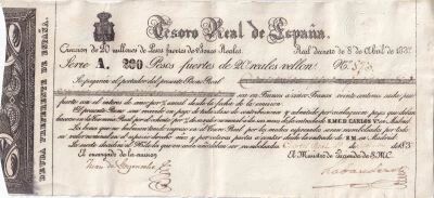 Billet Espa�a 200 pesos fuertes 1837