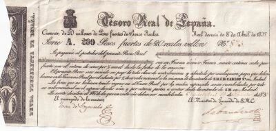 Billet Espa�a 200 pesos fuertes 1837