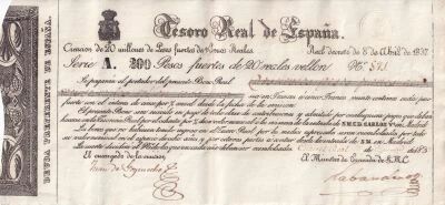 Billet Espa�a 200 pesos fuertes 1837