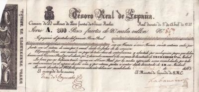 Billet Espa�a 200 pesos fuertes 1837