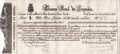 Billet Espa�a 200 pesos fuertes 1837