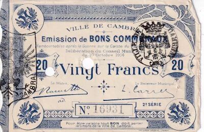 Billet France 20 francs 1914