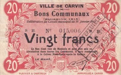 Billet France 20 francs 1915