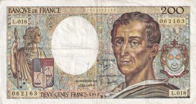 Billet Francia 200 francs Charles Montesquieu, �crivain et philosophe fran�ais 1983