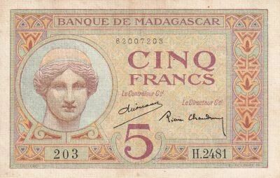 Billet Madagascar 5 francs 1937-1947