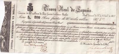 Billet Spagna 200 pesos fuertes 1837