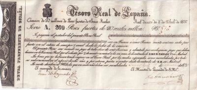 Billet Spagna 200 pesos fuertes 1837