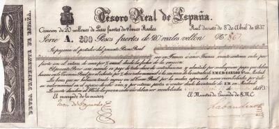 Billet Spanien 200 pesos fuertes 1837