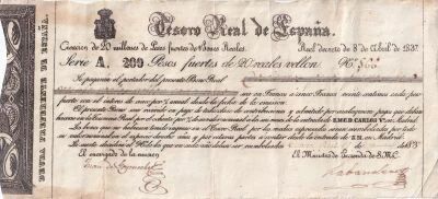 Billet Spanien 200 pesos fuertes 1837