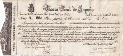 Billet Spanien 200 pesos fuertes 1837