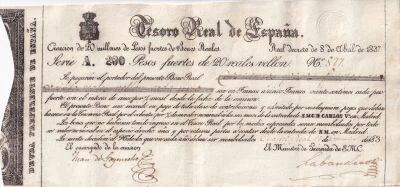Billet Spanien 200 pesos fuertes Isabelle II d\'Espagne 1837