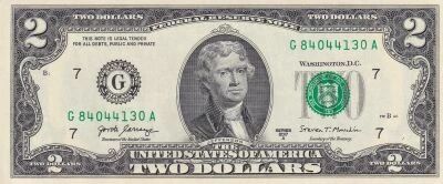 Billet USA 2 dollars Thomas Jefferson, Pr�sident 2017
