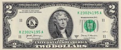 Billet USA 2 dollars Thomas Jefferson, Pr�sident 2017