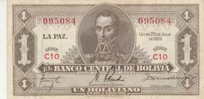 Bolivia 1 Boliviano - Simon Bolivar -  1928 - C10 Series