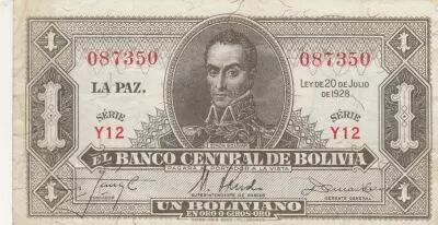 Bolivia 1 Boliviano - Simon Bolivar -  1928