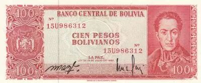 Bolivia 100 Pesos Bolivianos - Sim�n Bol�var - Bolivian Republic  - 13-07-1962 - Serial U