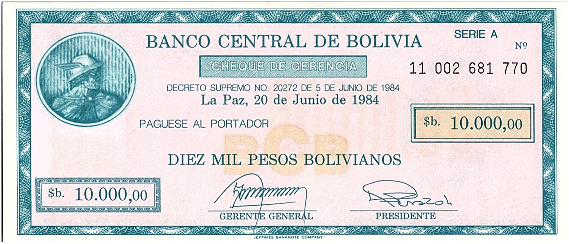 Bolivia Paper Money 10000 Pesos 1984 UNC 
