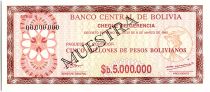 Bolivie 5 000 000 Pesos , Marron et Brun (chèque) - 1985 - Muestra