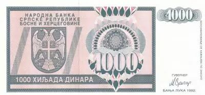 Bosnia-Herzegovina 1000 Dinara 1992 - Eagle with 2 heads - Serial AA