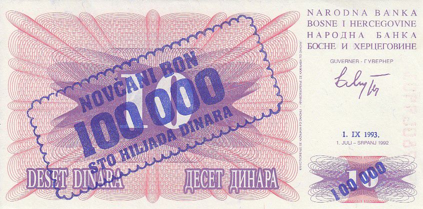 P 34a UNC BOSNIA 100000 ON 10 DINARA 1993 1992 