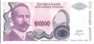 Bosnia-Herzegovina 100000 Dinara - P. Kocic - Arm - 1993