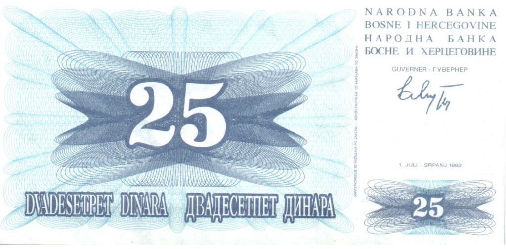 BOSNIA  100 Dinara 1992  XF Numbering type G P6g  ZENICA on back