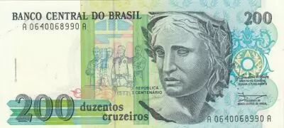 Brasil 200 Cruzeiros Liberty - Oil painting Patria - 1990 - Serial A-0640