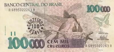 Brazil 100 Reais on 100000 Cruzeiros , Birds  -  Igua�u cataract - 1993
