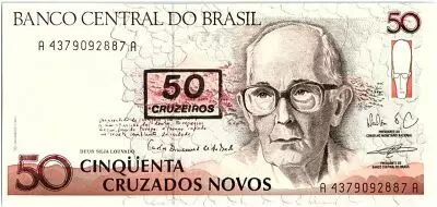 Brazil 50 Cruzeiros on 50 Cruzados novos, C. Drummond de Andrade - 1990