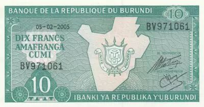 Burundi 10 Francs Carte du Burundi - 2005