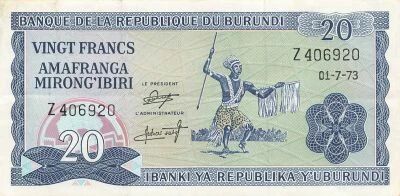 Burundi 20 Francs - ND (1973) - Replacement - P.21b