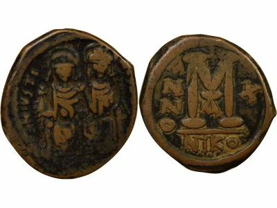 Byzantine Empire Justin II & Sophia - Follis - Year 10 (574 / 575) Nicomedia