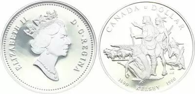 Canada 1 Dollar,  Elizabeth II - 300th anniversary of Henry Kelsey?s adventures  - 1990 - Silver
