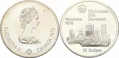Canada 10 Dollars Argent 1973 - Jeux Olympiques Montr�al 1976 - Skyline de Montr�al