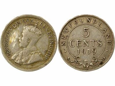Canada Newfoundland, George V - 5 Silver Cents - 1919 C Ottawa