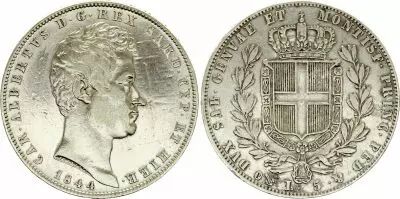 Cerde�a 5 Lire, Charles-Albert - Arms - 1844 P B
