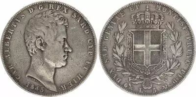 Cerde�a 5 Lire Charles-Albert - 1845 P G�nes - Silver - KM.130