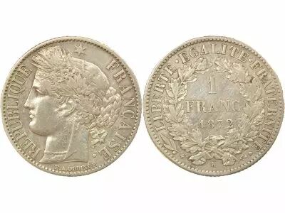 Ceres - 1 Silver Franc, IIIrd Republic -1872 K Bordeaux