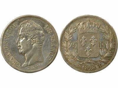 Charles X - 5 Silver Francs, 2nd Type - 1828 T Nantes