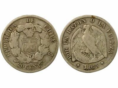 Chili 20 Centavos Argent - 1865 So Santiago