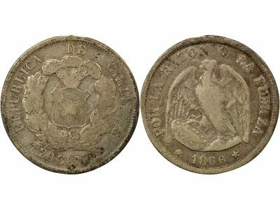 Chili 20 Centavos Argent - 1866 So Santiago