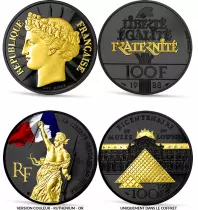 Coffret Libert&eacute; guidant le peuple\  RUTHENIUM & OR contenant 4 pi&egrave;ces de 100 francs Argent\ 