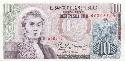 Colombia 10 Pesos Oro - 1980 - Replacement - P.407