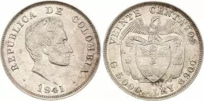 Colombia 20 Centavos Colombia Silver - Coat of arms - 1941 SPL