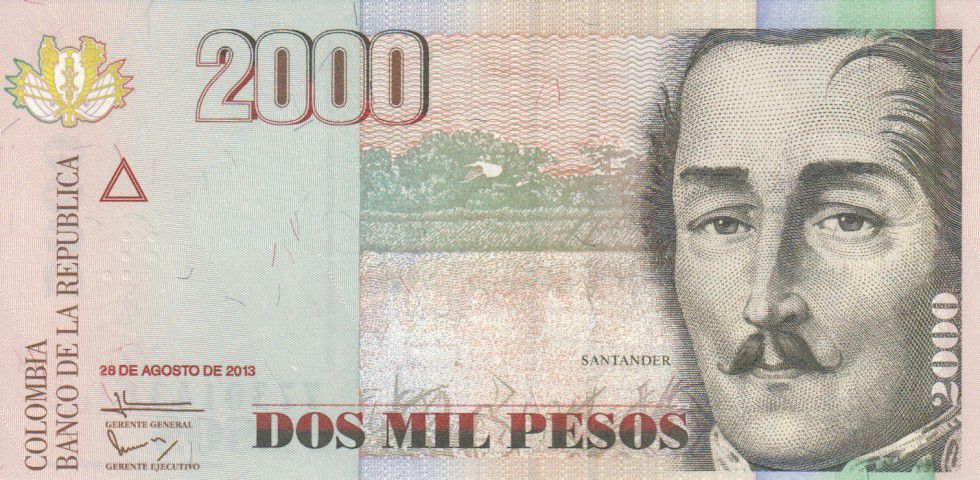 Banknote Colombia 2000 Pesos Gal Santander (Small size) - 2013