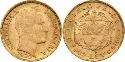 Colombie 5 Pesos Simon Bolivar - 1920 - Or