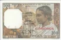 Comore 100 Francs - Woman with a Hat - Specimen - 1960